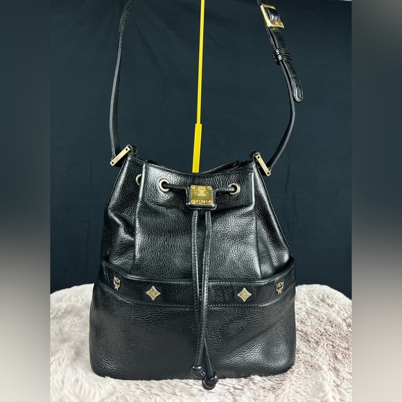 Vintage MCM Black Leather Drawstring Bucket Bag, H1991 German Made - Picture 1 of 14